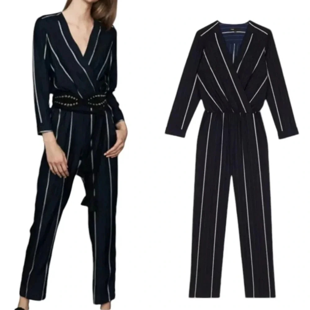 Maje Pinstripe Surplice Bodice Jumpsuit Navy Blue Size S - Picture 16 of 16